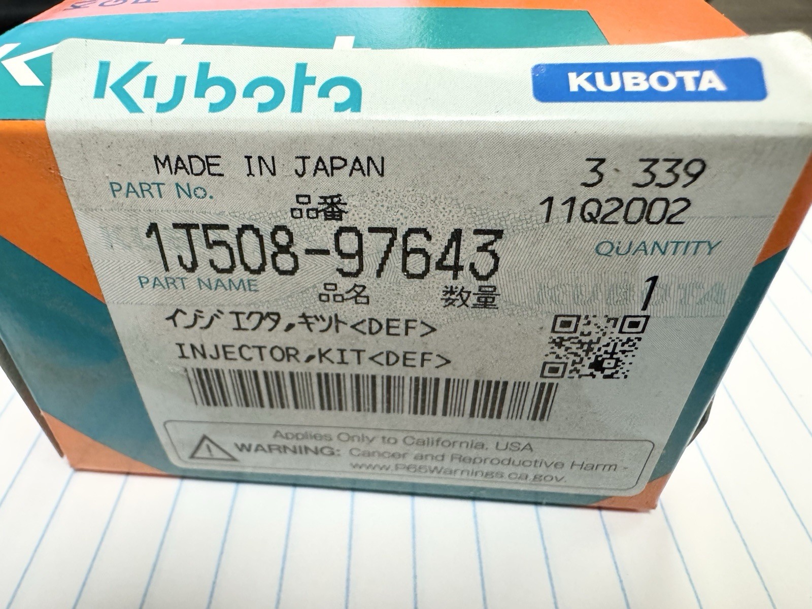Genuine Kubota 1J508-97643, 1J508-97641, 1J508-97644 DEF Injector Kit