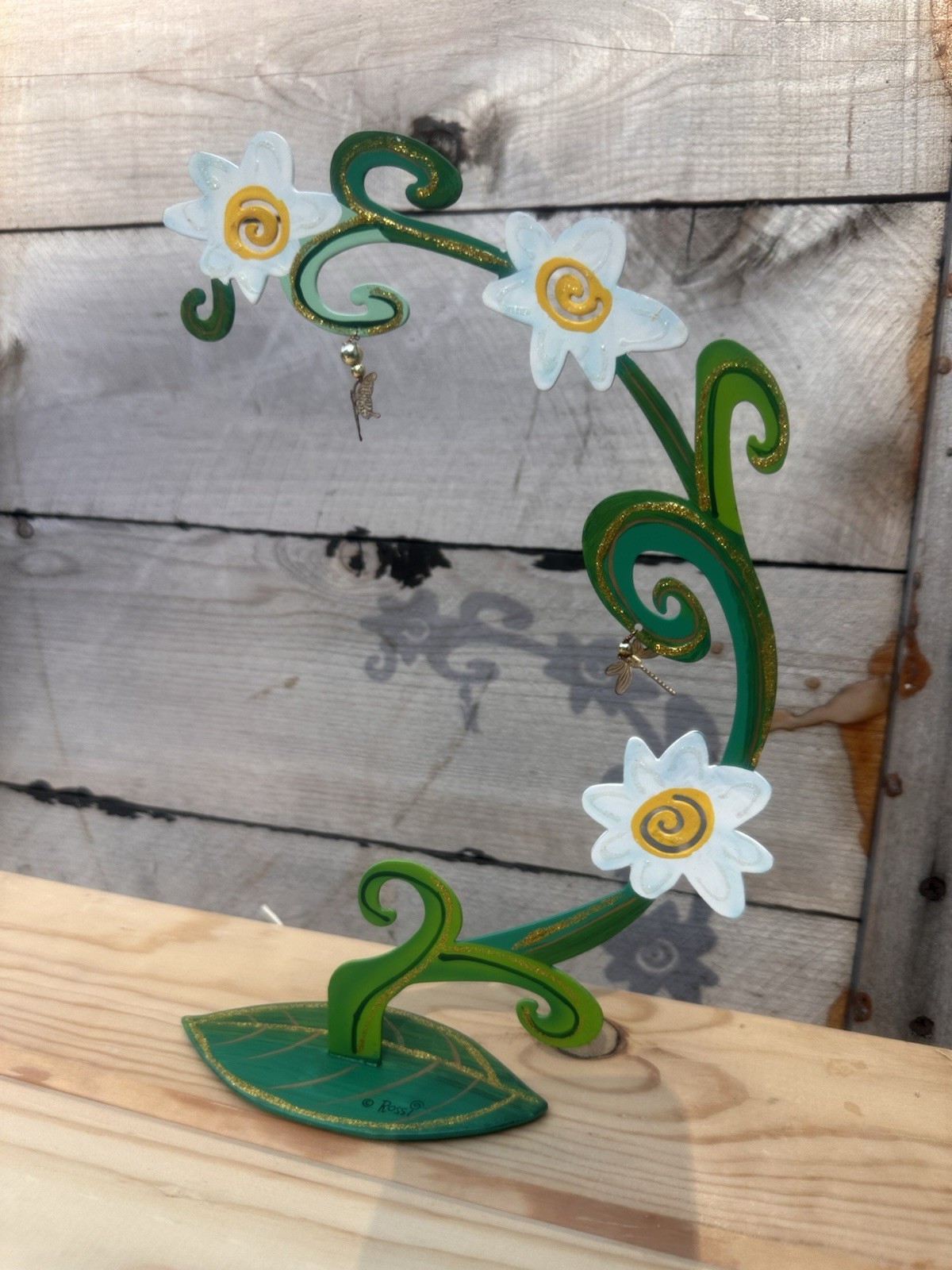 Vtg Fanciful Flights K. Rossi Sylvestri Tin Flowers Arch Base Stand Flower Metal