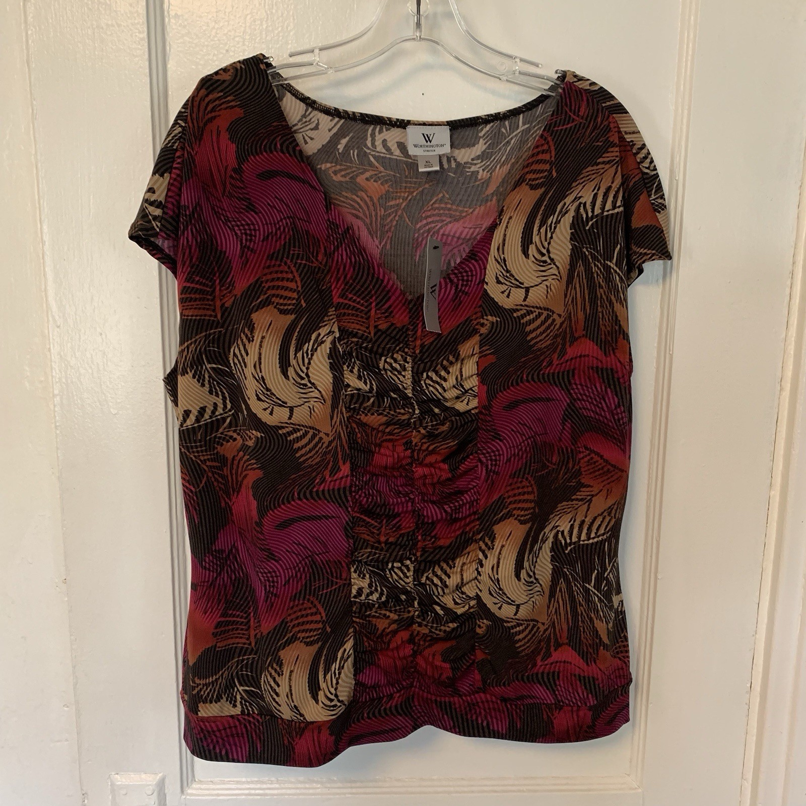 Worthington Stretch Floral Flattering Cap Sleeve Black Career Casual Top XL NEW