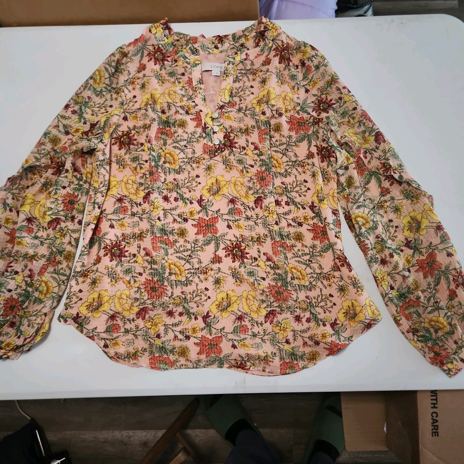 Loft Fall Floral Women\'s Blouse Small Boho , Autumm Pink/Yellow/Green/Red Tones