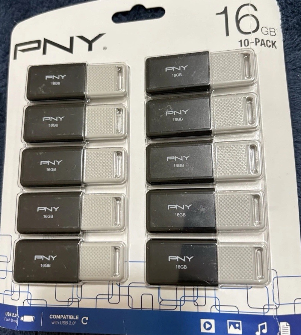PNY P-FD16GX100DM-EF2 16GB USB 2.0 Flash Drive 10-Pack Black/Gray NEW PNY P-FD16GX100DM-EF2 16GB USB 2.0 Flash Drive 10-Pack Black/Gray NEW