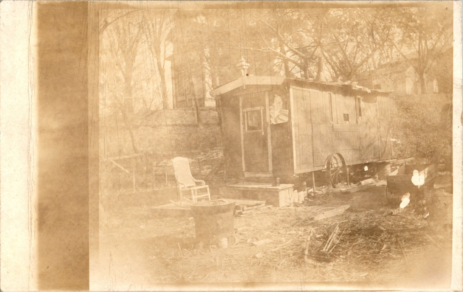 Antique RPPC Homemade Wooden Travel Trailer Camper Men Real Photo Postcard