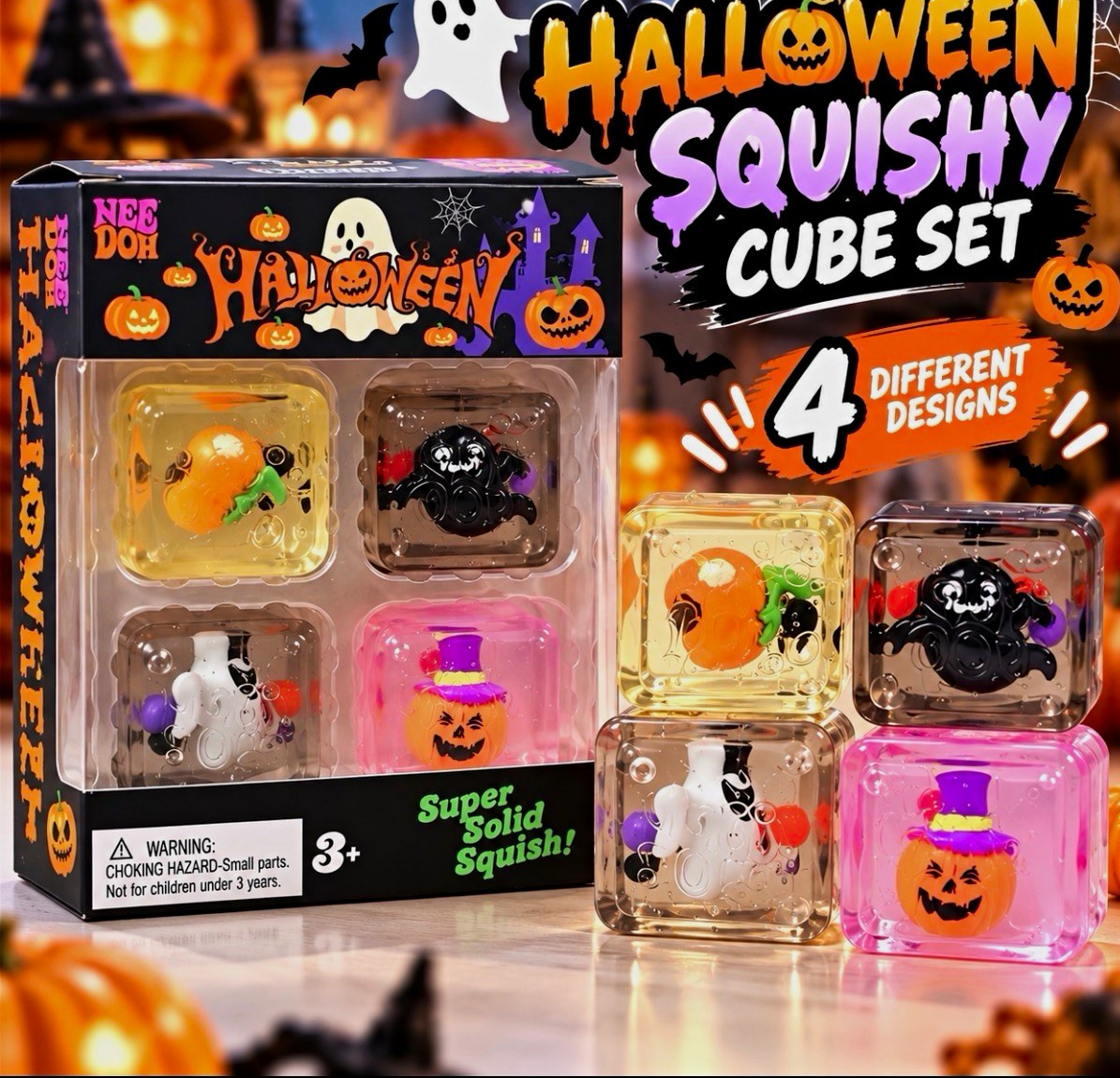 Limited Halloween Needoh Squishy Cube Set Super Solid Squish 4 Designs Ages 3+ Limited Halloween Needoh Squishy Cube Set Super Solid Squish 4 Designs Ages 3+