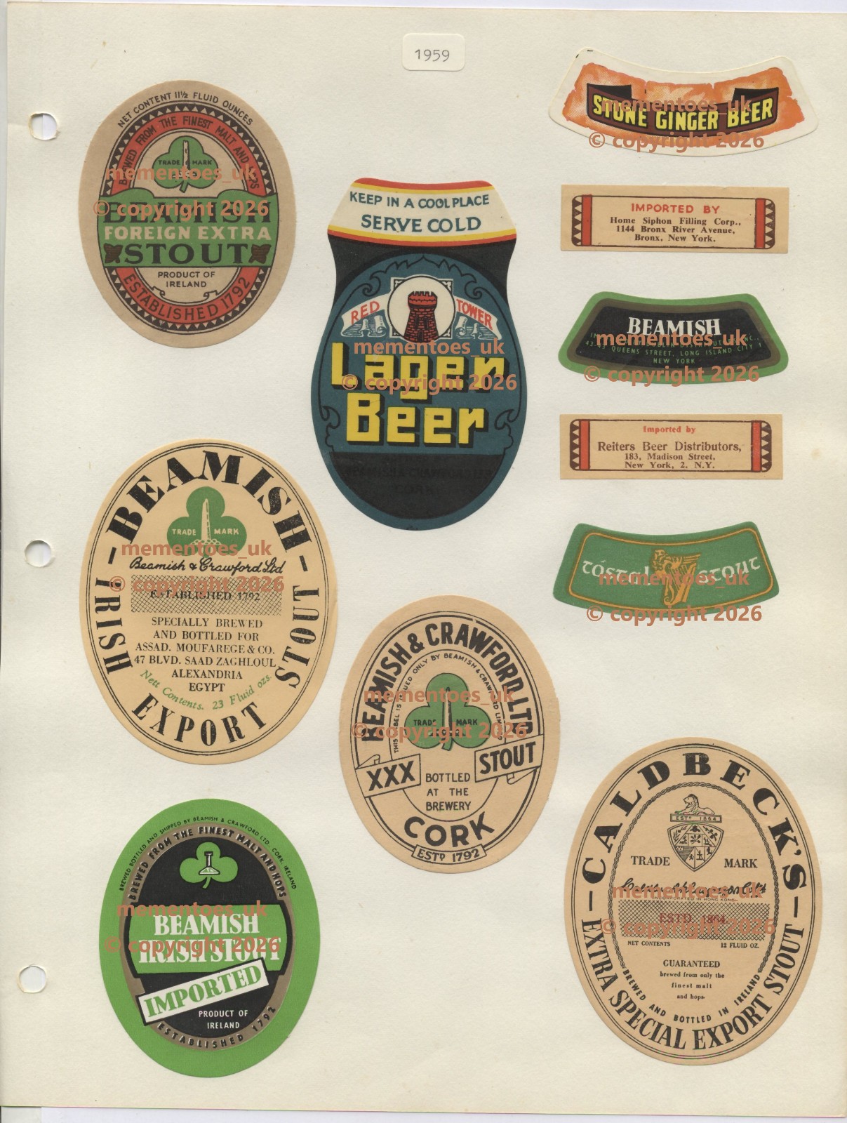 Beamish Irish  Brewery  x 6 Beer Labels Ireland c1959 advertising ale