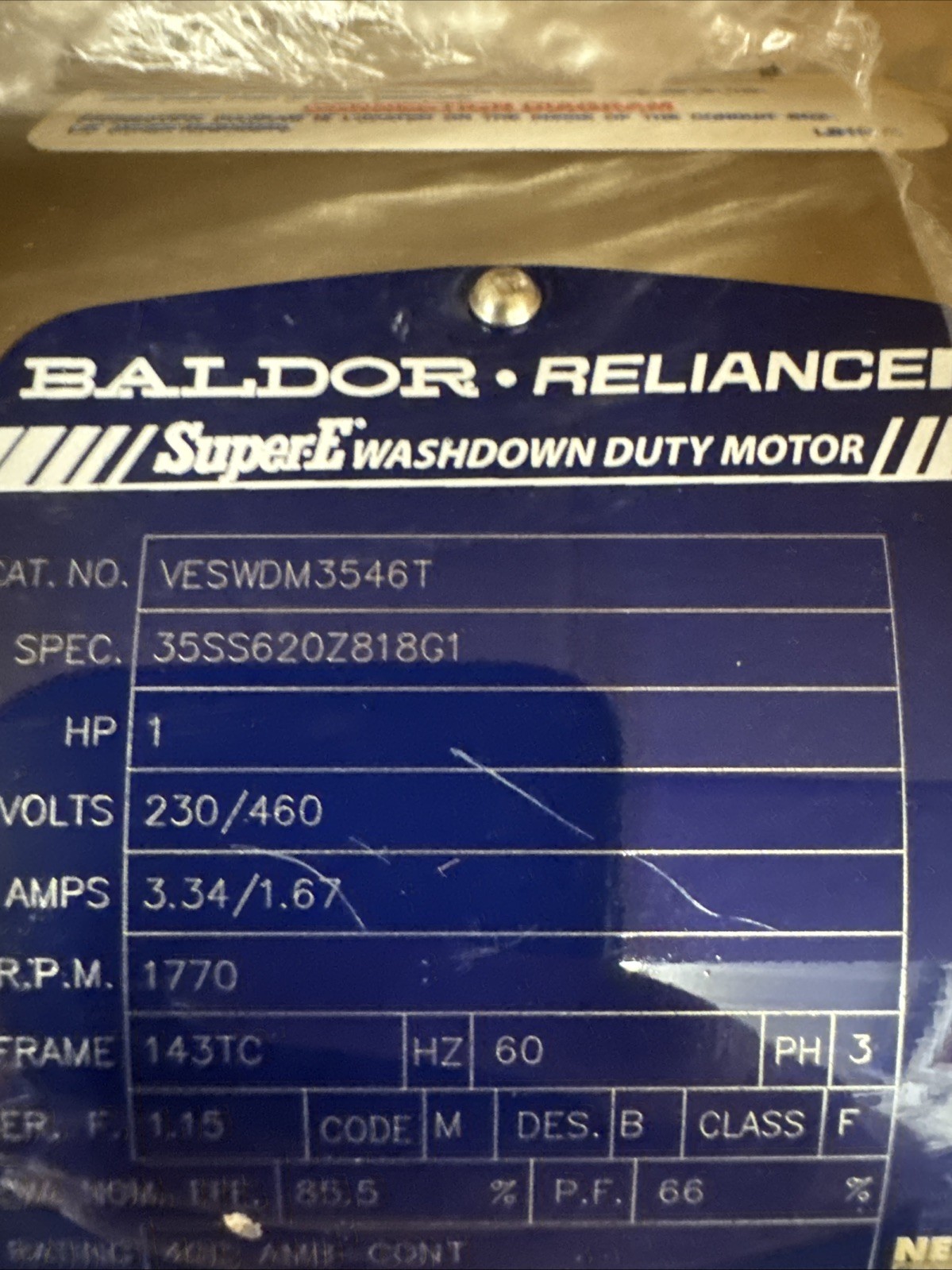 Baldor Reliance Super E Wash down Duty Motor Cat#VESWDM3546T Spec# 35SS620Z818G1