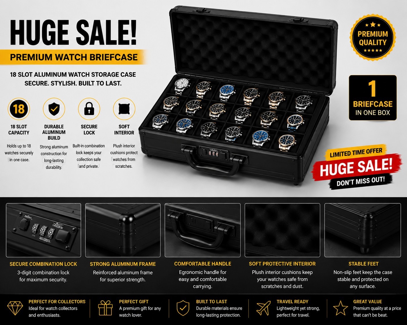 Invicta 18-SLOT Impact BLACK Aluminum Luxury Watch Collector Briefcase IPM547