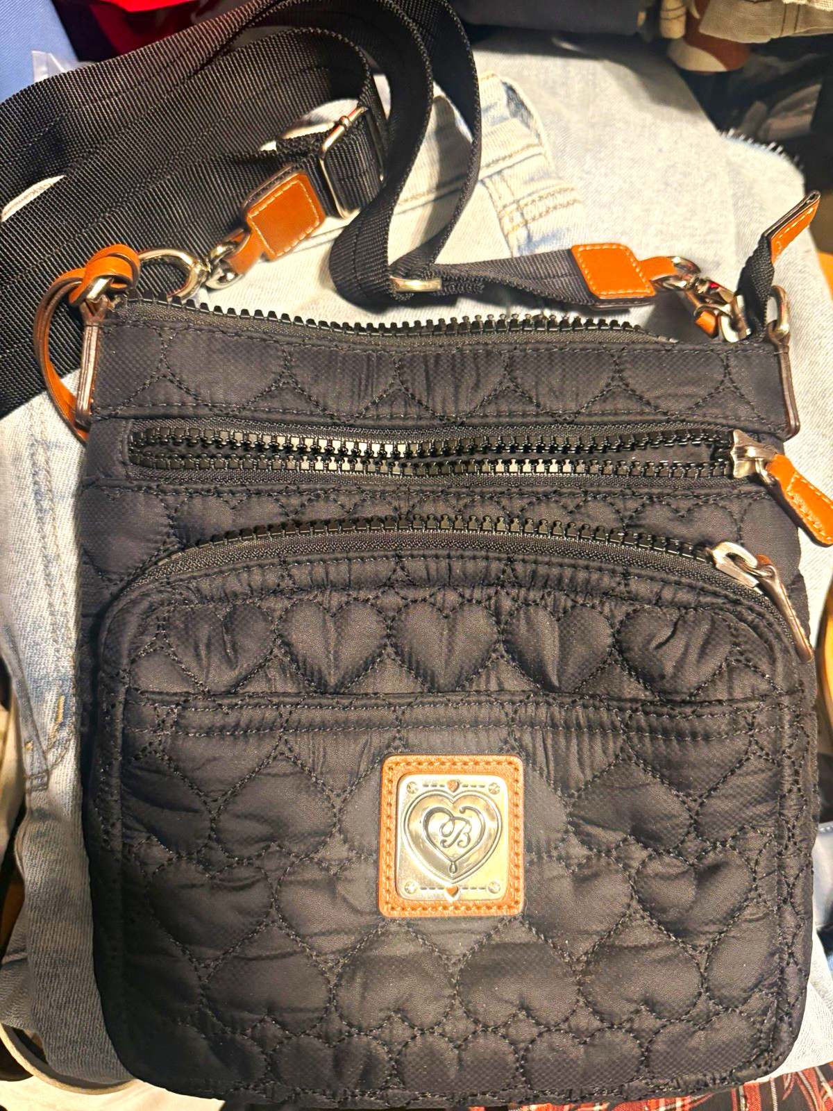 Brighton Black Heart Quilted Crossbody Bag Zip Closure Silver Hardware Brighton Black Heart Quilted Crossbody Bag Zip Closure Silver Hardware