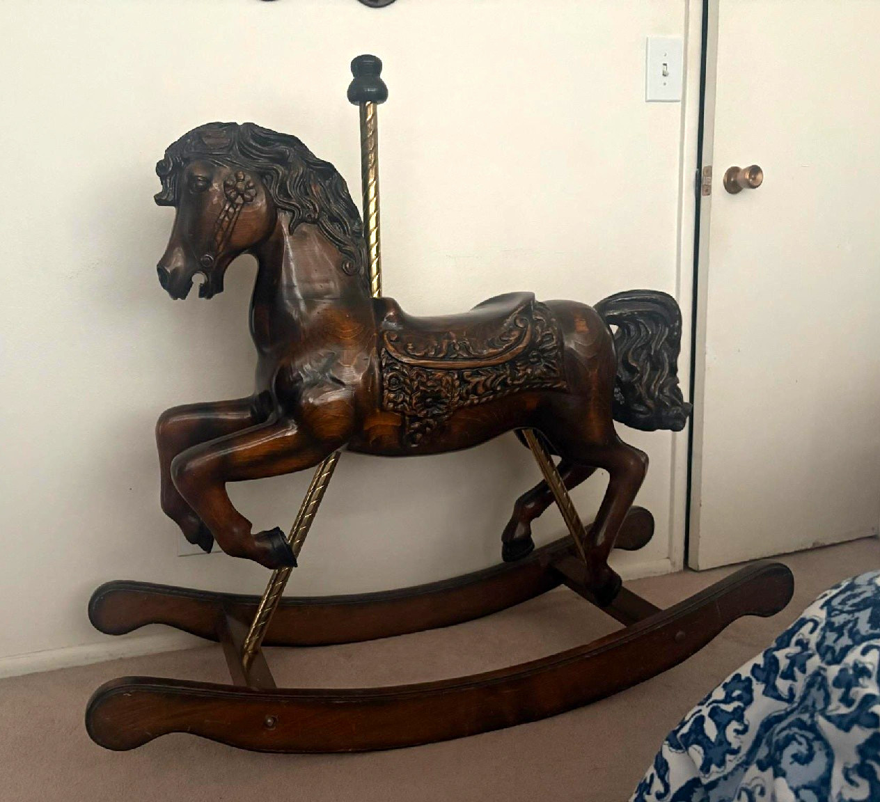 S&S Vintage 1980 Wooden Rocking Horse Carousel Style w/ Pole Handle Ages 3-7