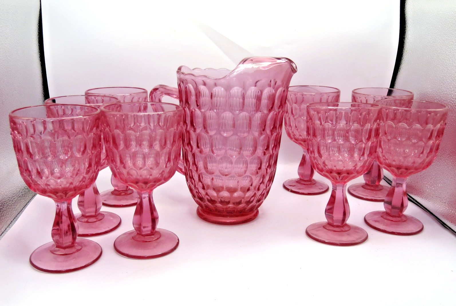 Fenton Colonial Pink Thumbprint Pitcher & 8 Goblets 