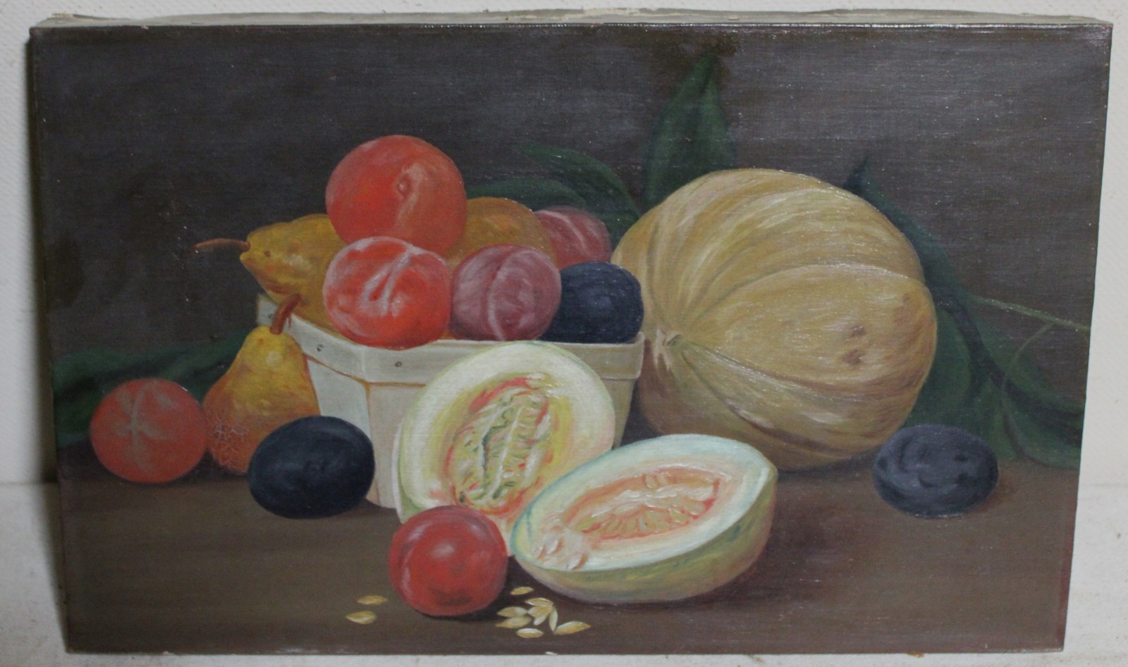 ANTIQUE FOLK ART OIL PAINTING STILL LIFE FRUIT CANVAS VICTORIAN 1880 PRIMITIVE