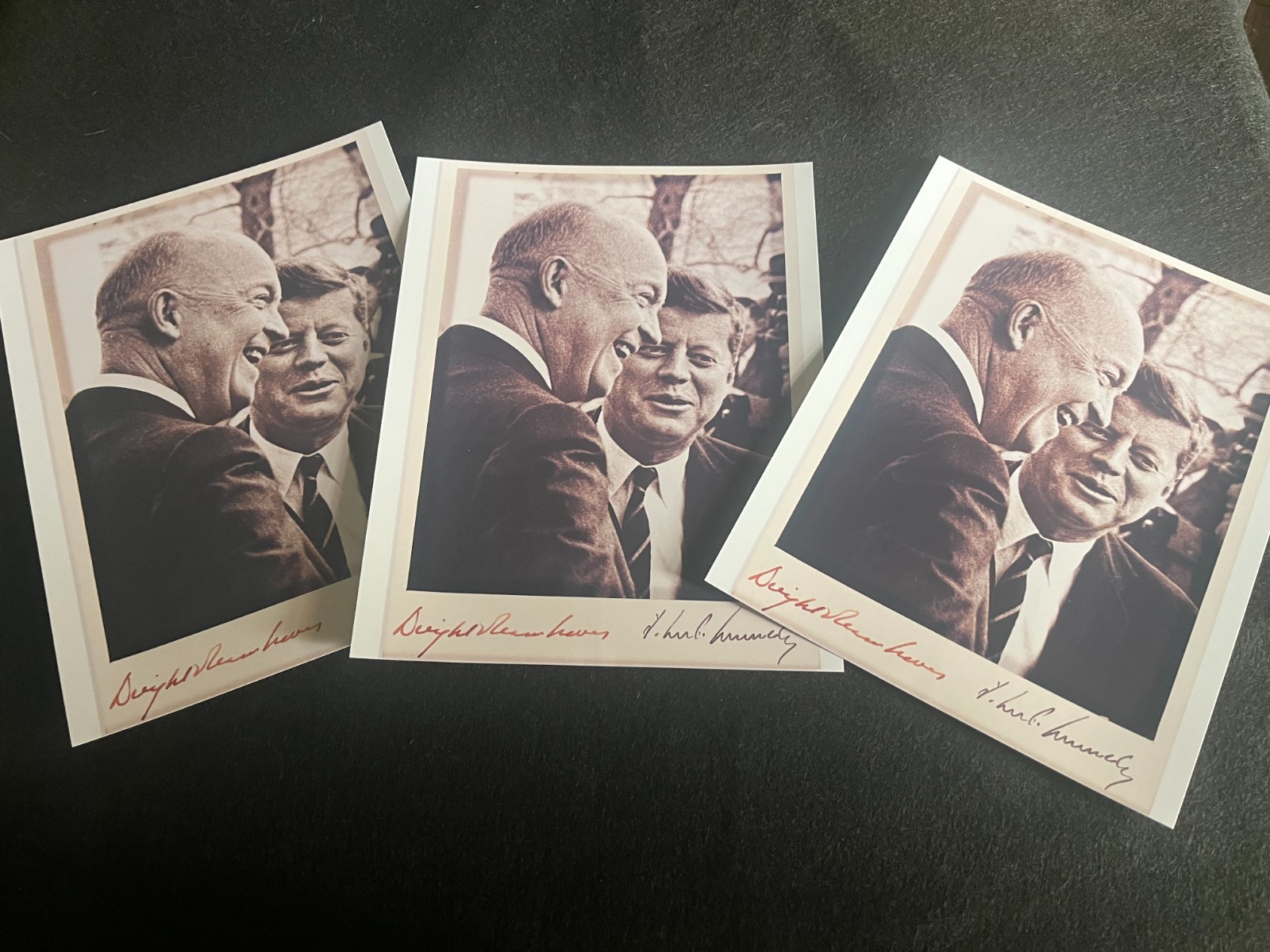 IKE and JFK together, in a light hearted moment, signed by both reprint