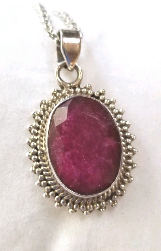 Artisian Handcrafted Large Red Ruby Pendant Necklace Sterling Silver