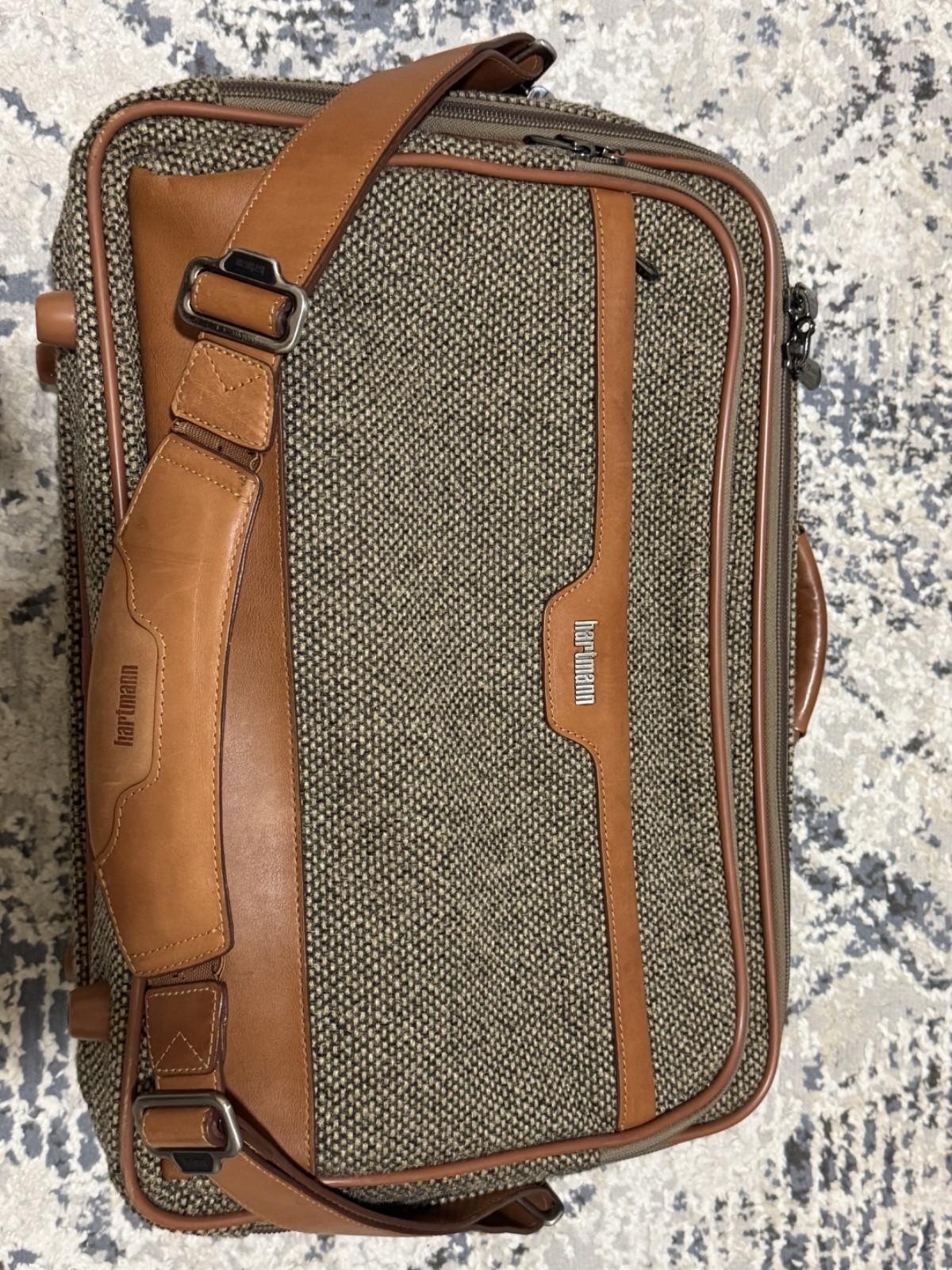 Hartmann Tweed Leather Carry-On Briefcase Bag Triple Compartment Overnight Bag