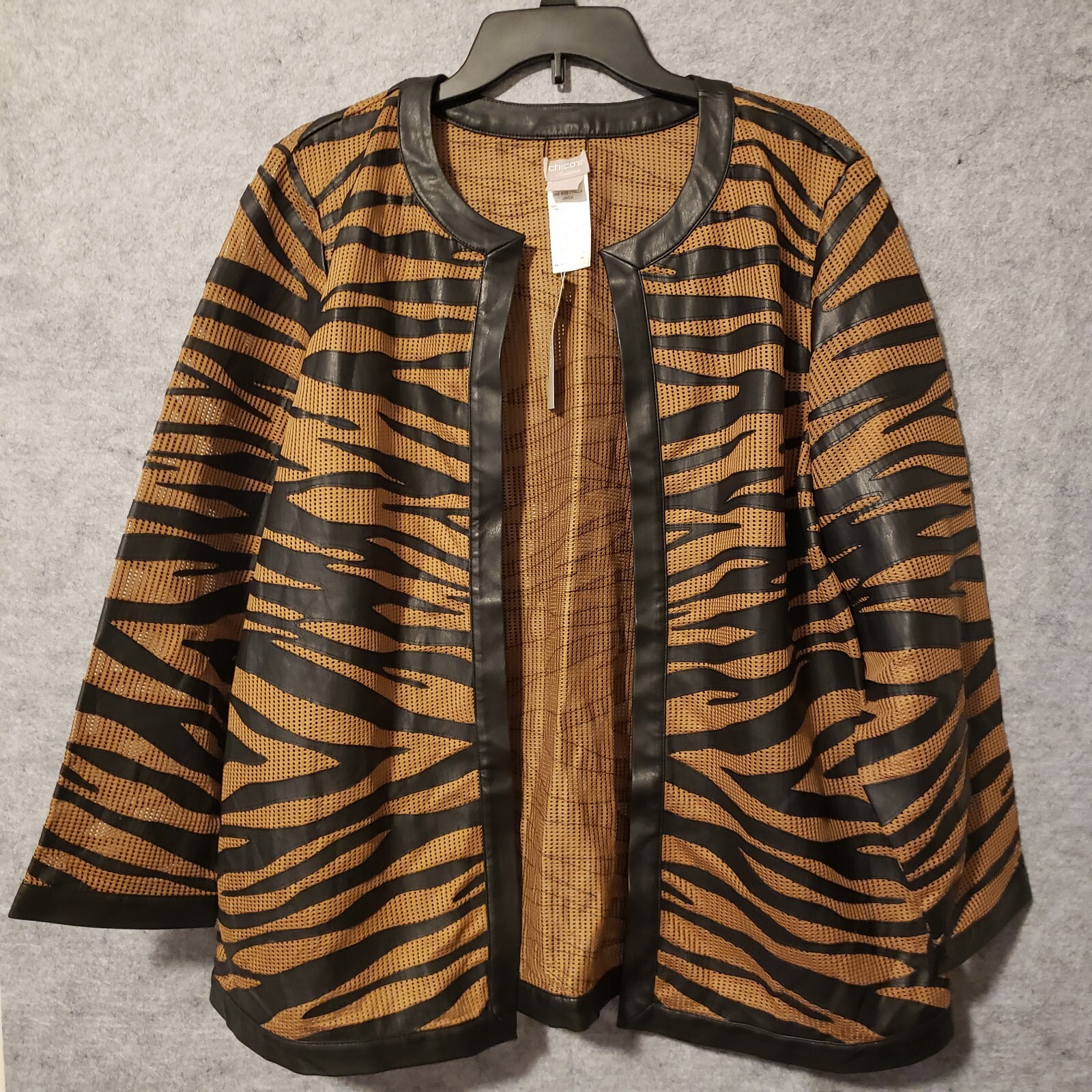 CHICOS Travelers Mesh Jacket Women\'s XL  Tiger Print Faux Leather $149.99 NWT