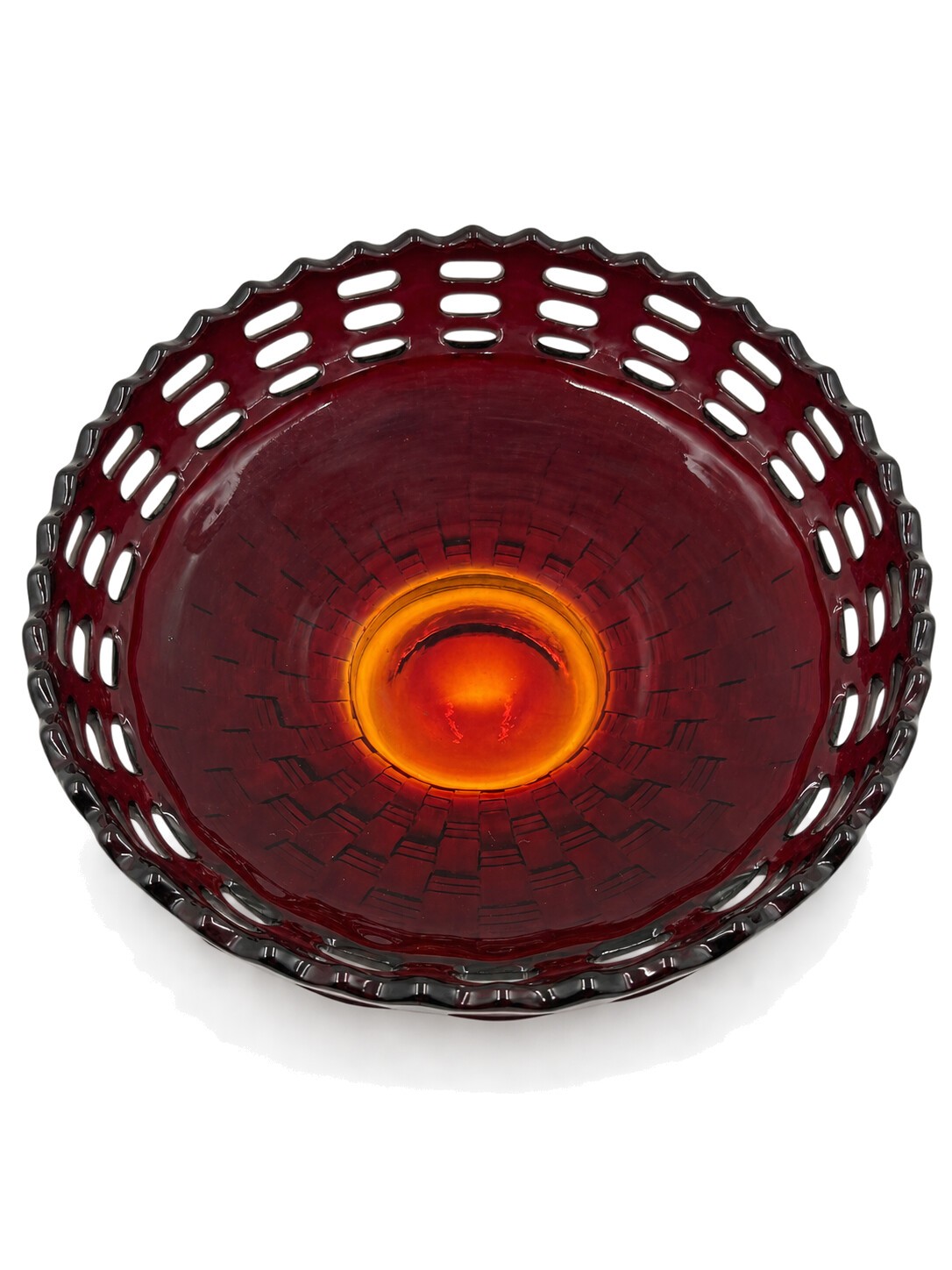 Fenton Reverse Amberina 2-Row Open Edge Basket Weave Glass Bowl
