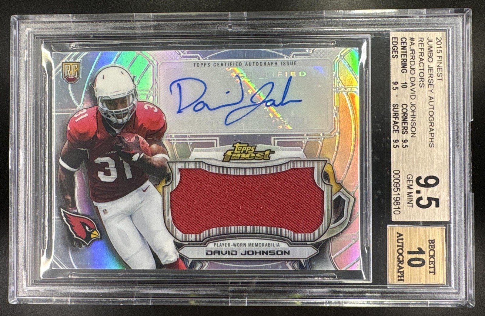 2015 Topps Finest David Johnson #AJRR-DJO Auto Jumbo Relic Refractor RC BGS 9.5