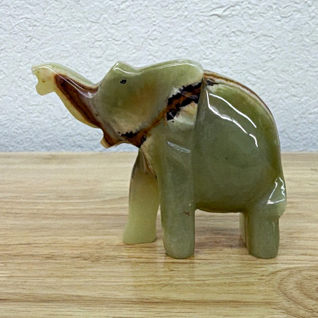 Vintage Carved Green Onyx Stone Elephant Figurine 4.5” Raised Trunk