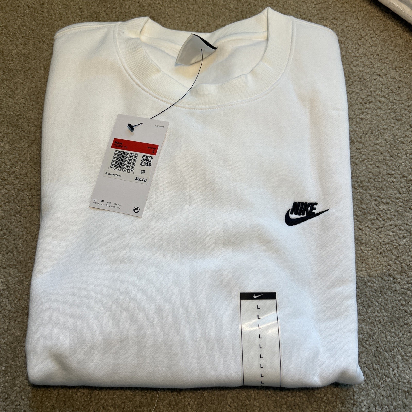 Nike Club Fleece Premium Crewneck Sweatshirt Mens L White FN3886-100 NWT