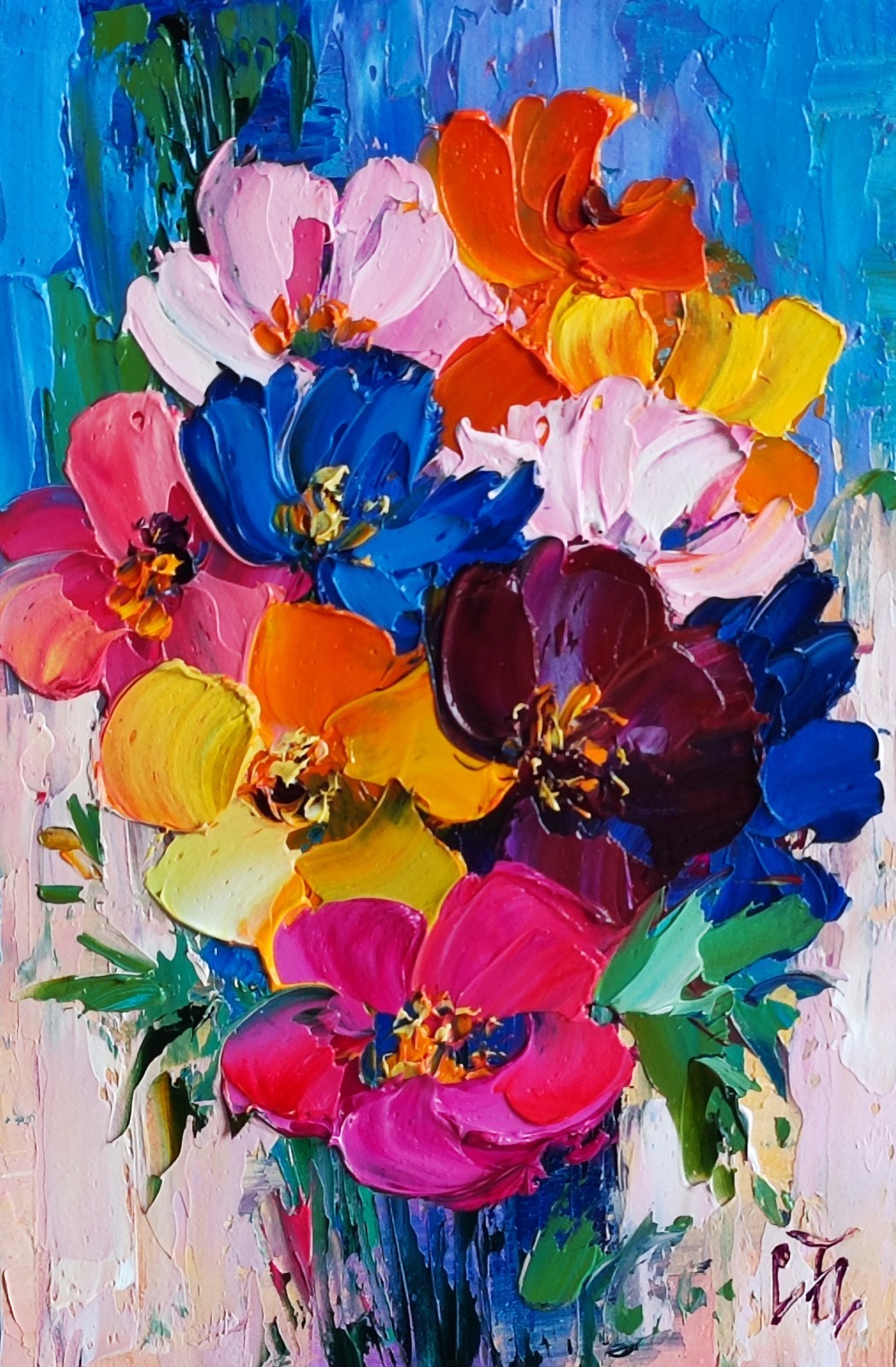 original oil painting Daisy Colorful Wildflowers Impasto Floral Small art 6*4 in