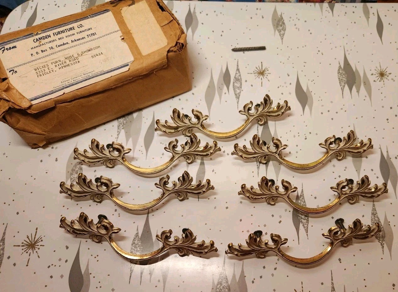 Vintage French Provincial Brass White Gold Drawer Pulls Handles Set Lot Of 7 