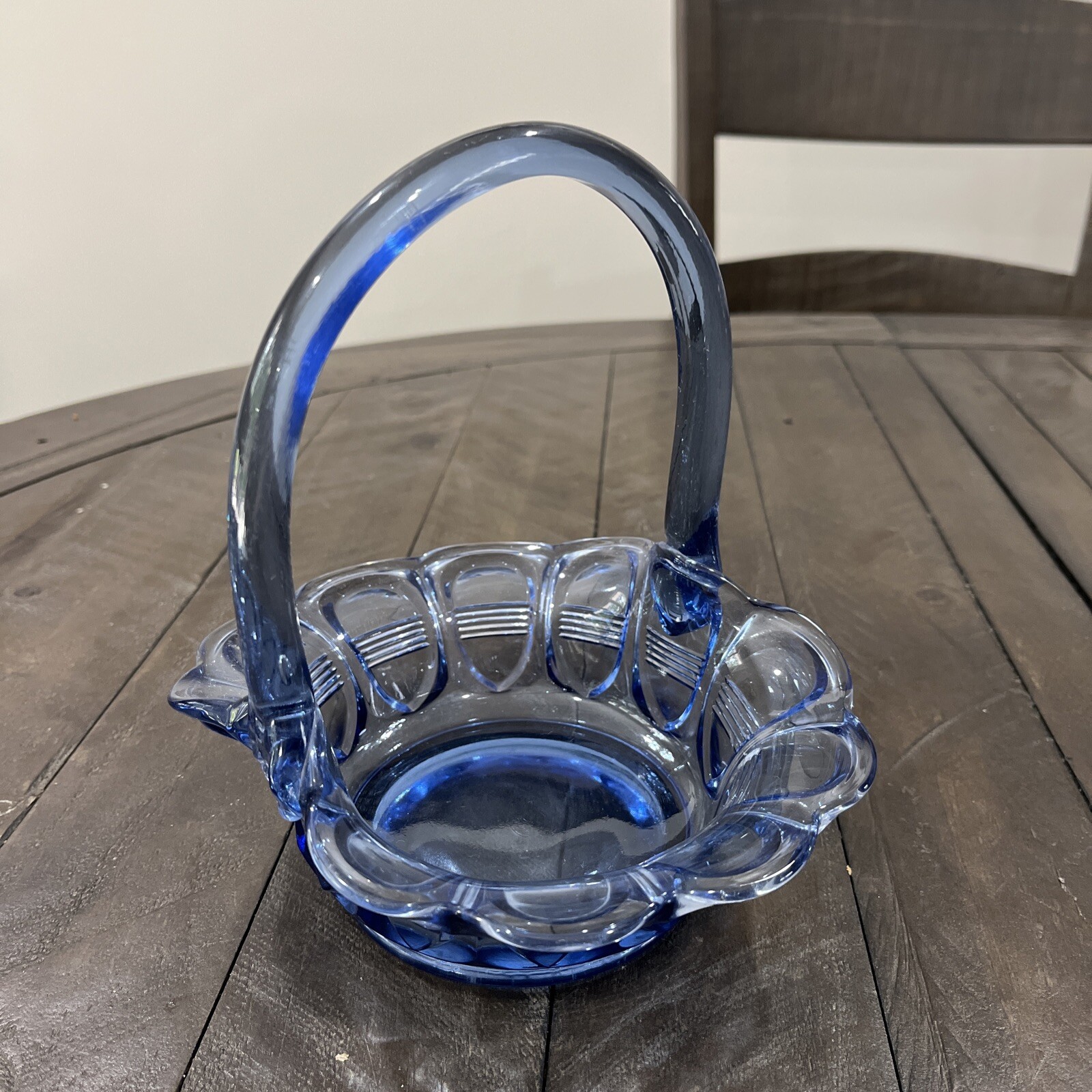 Vintage Fenton Barred Tanzanite Blue Art Glass Basket 7 1/4\ Vintage Fenton Barred Tanzanite Blue Art Glass Basket 7 1/4\