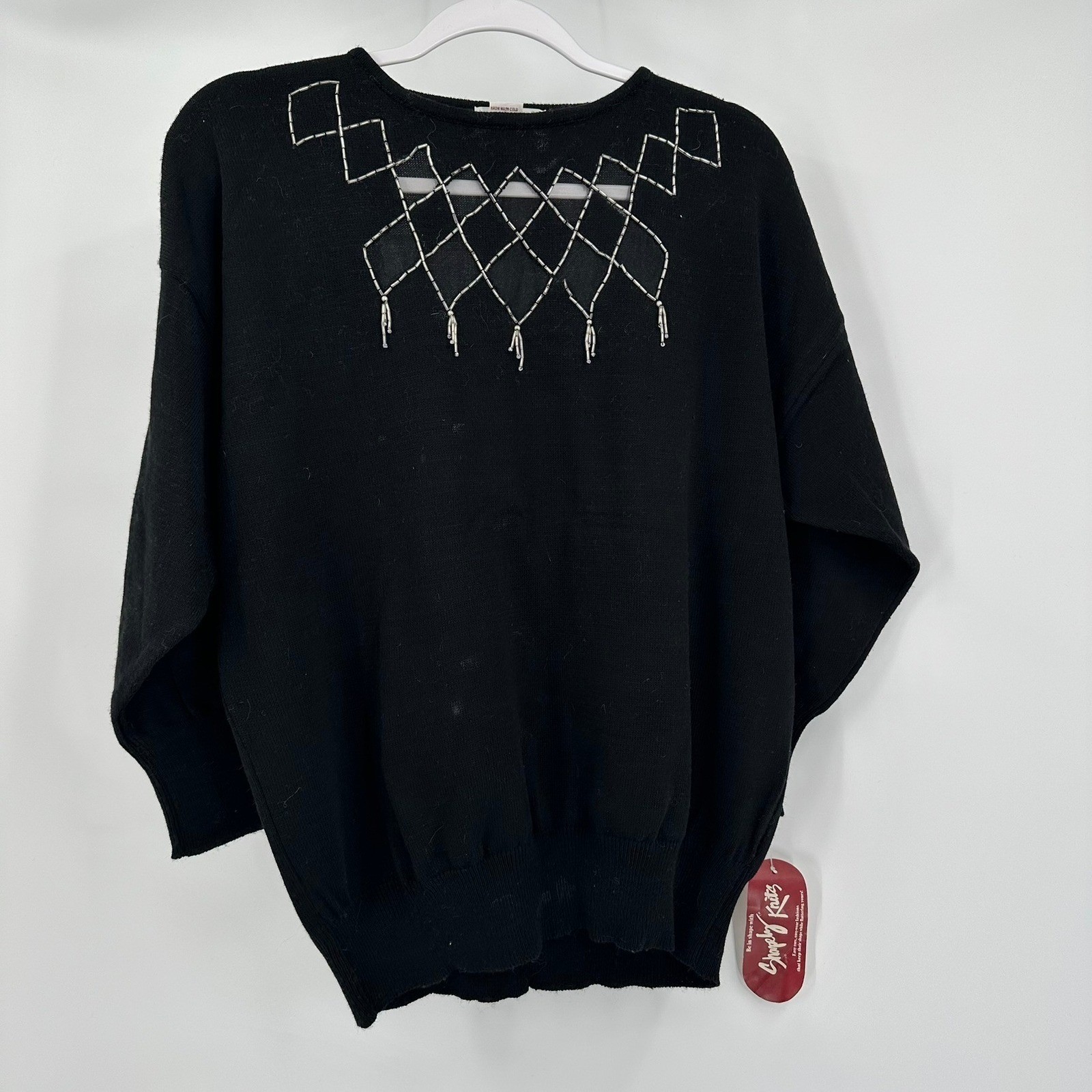 Womens Vintage Grandma Sweater Size L Embellished Statement Tassels Lattice 90s