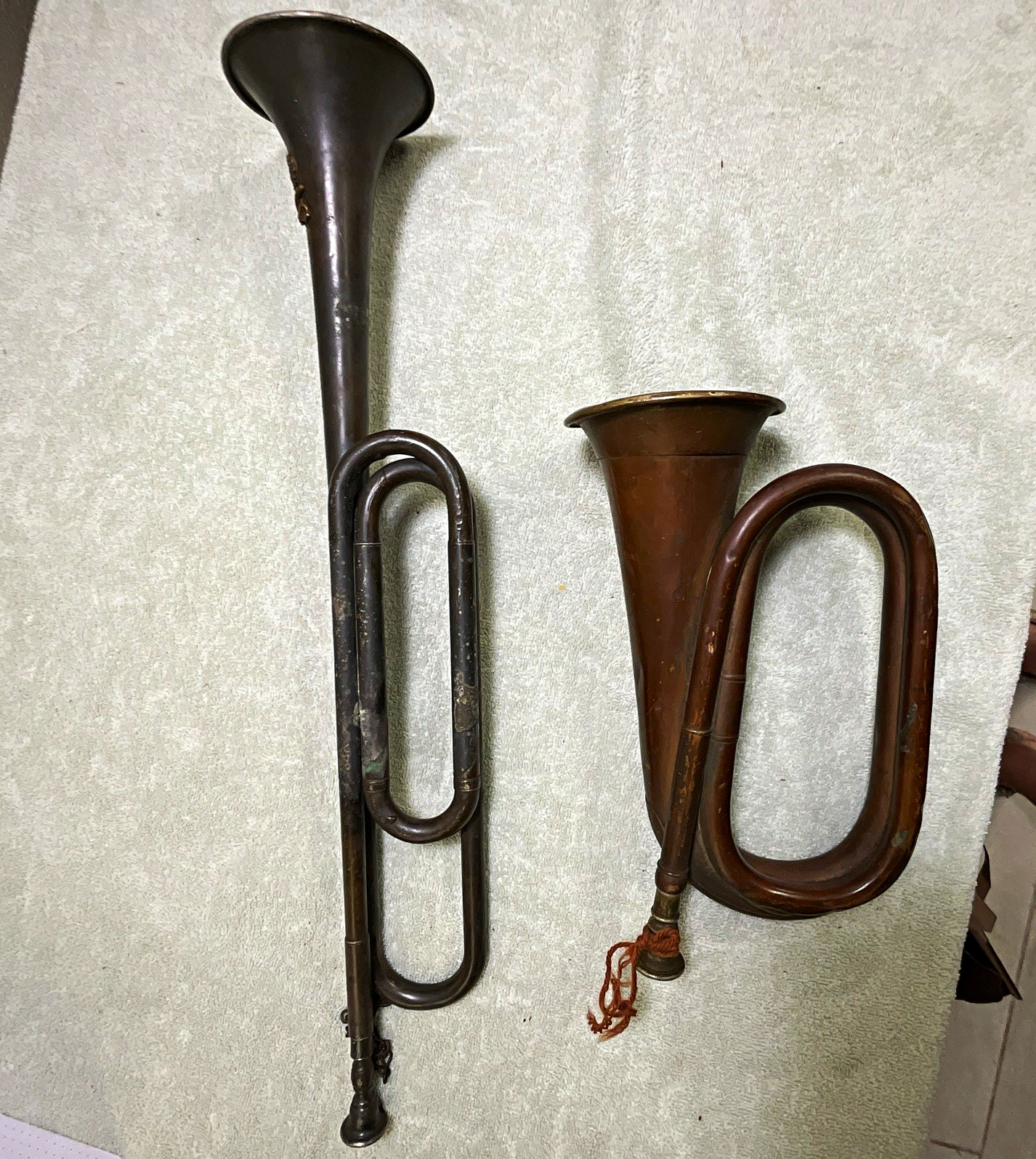 Antique Whaley Royce Copper Bugle & Fanfare trumpet lot. True=Tone A6 mouthpiece Antique Whaley Royce Copper Bugle & Fanfare trumpet lot. True=Tone A6 mouthpiece