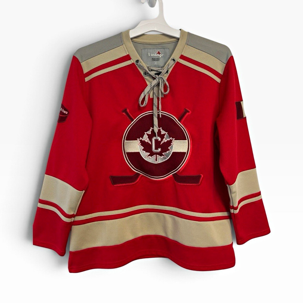 Vintage Team Canada Hockey Jersey Lace-Up Front Red/Gray/Beige Youth L/G Vintage Team Canada Hockey Jersey Lace-Up Front Red/Gray/Beige Youth L/G