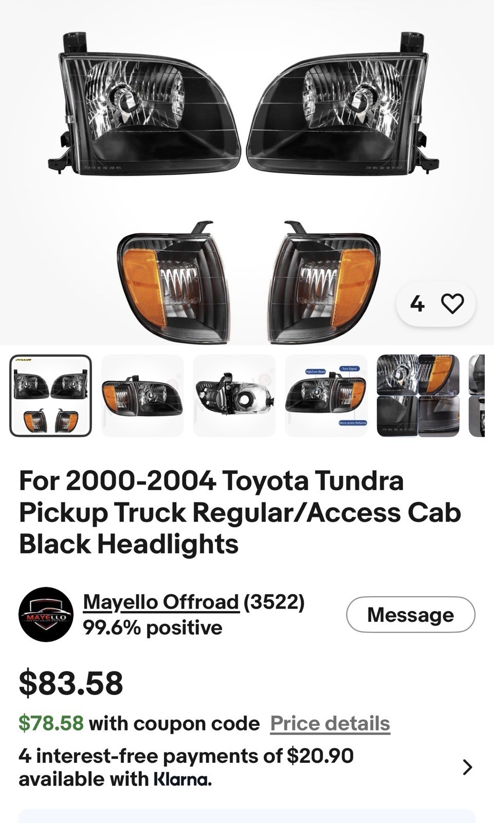 2000-2003 Toyota Tundra Blk Headlights (New/Unopened) + Used Clear Corner Lights