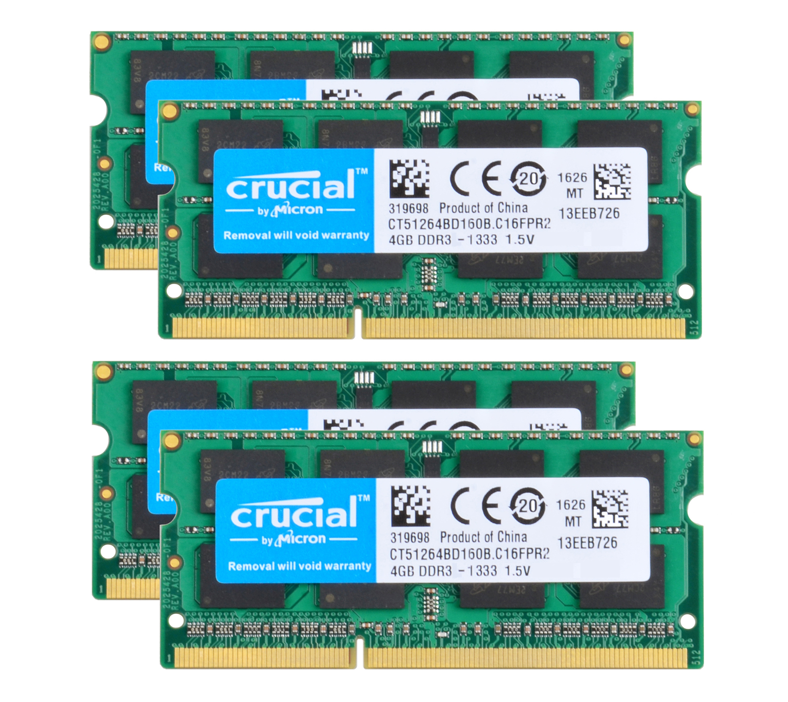 Crucial 4x 4GB 2RX8 PC3-10600S DDR3 1333Mhz Laptop Memory RAM SODIMM NON-ECC Kit