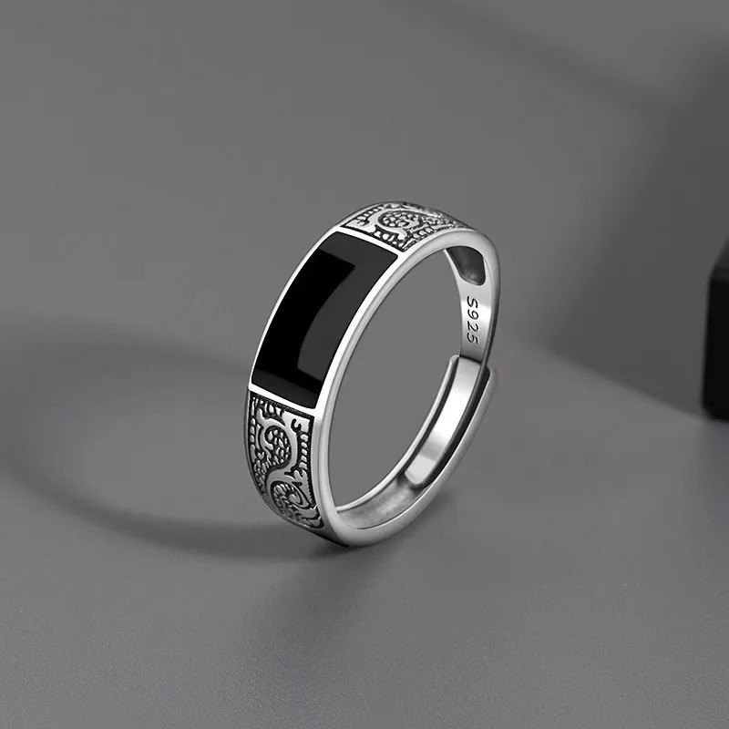 925 Sterling Silver Men\'s Black Gem Ring Adjustable Wedding Jewelry Gift 925 Sterling Silver Men\'s Black Gem Ring Adjustable Wedding Jewelry Gift