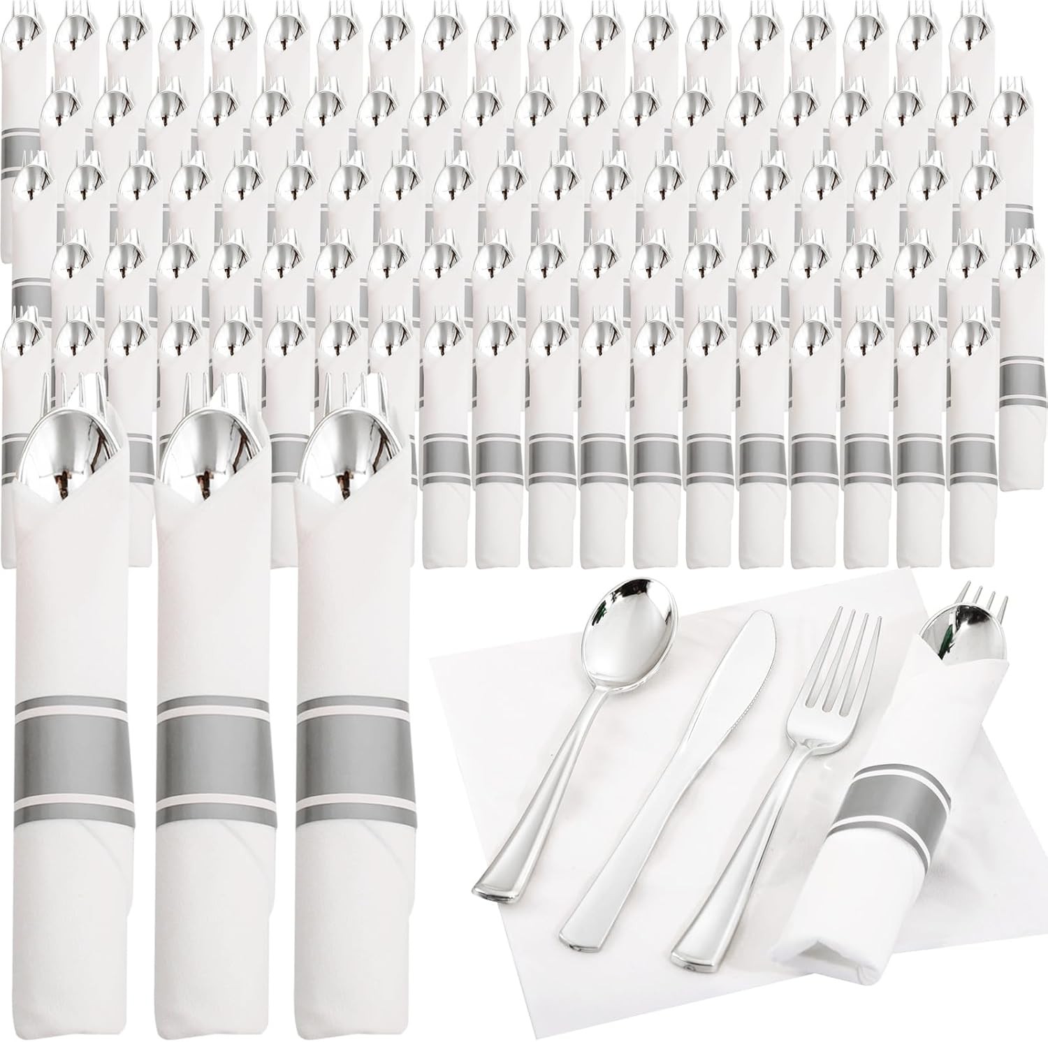 120 Pack Silver Plastic Silverware Wrapped Cutlery Set with Napkin