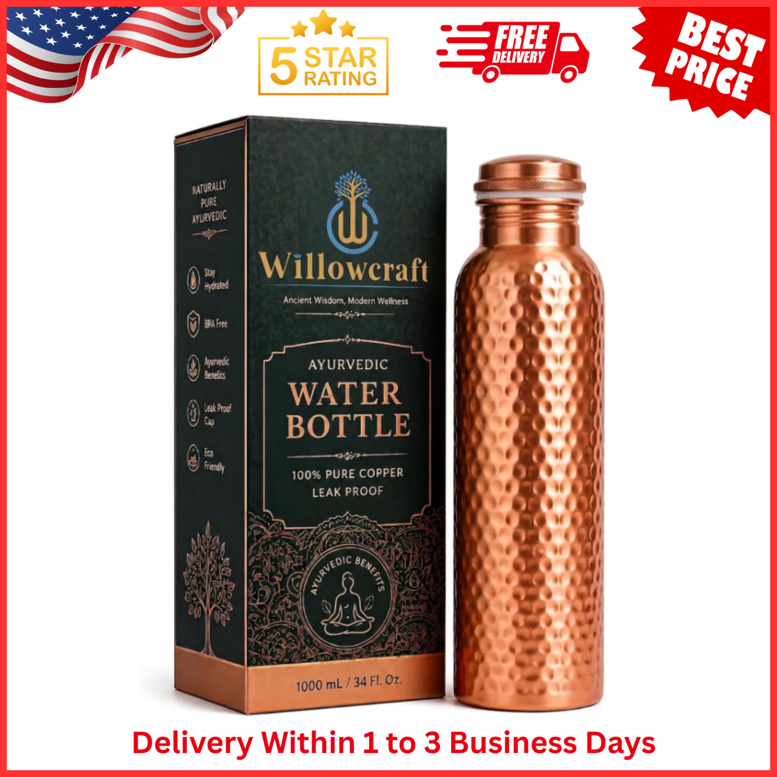 34oz Pure Copper Water Bottle - Handmade Hammered Finish - Ayurvedic Health USA