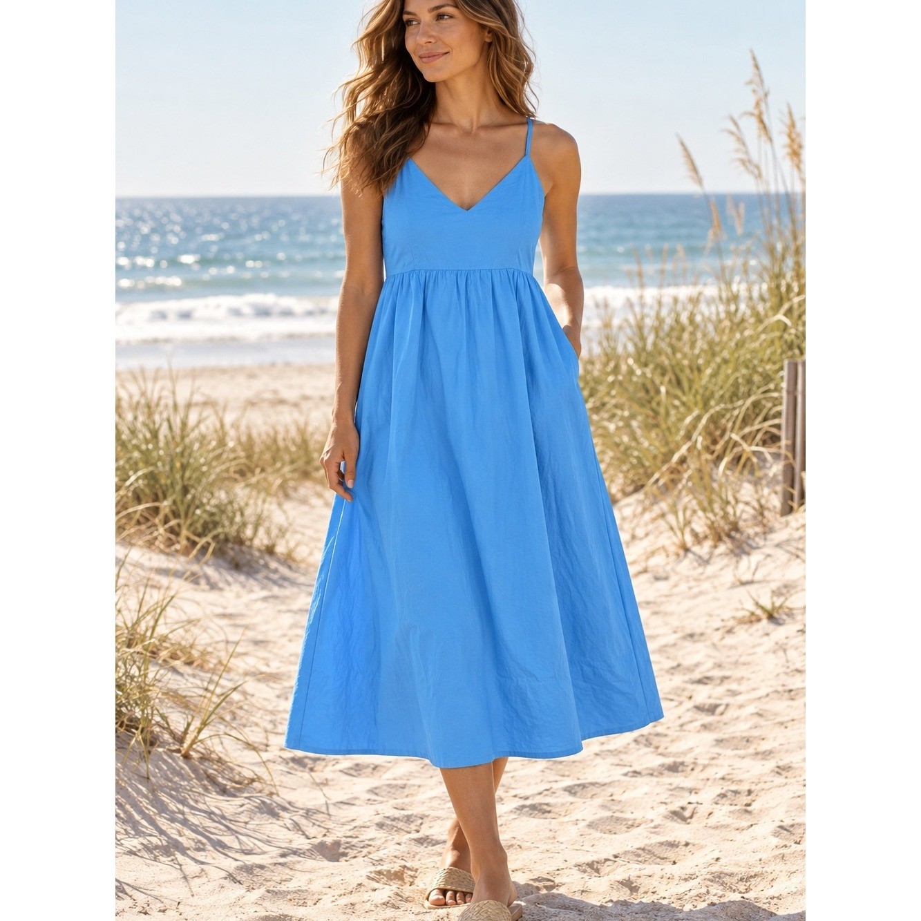 Quince Blue Organic Cotton Midi Sundress V Neck Spaghetti Strap Dress Size M NWT