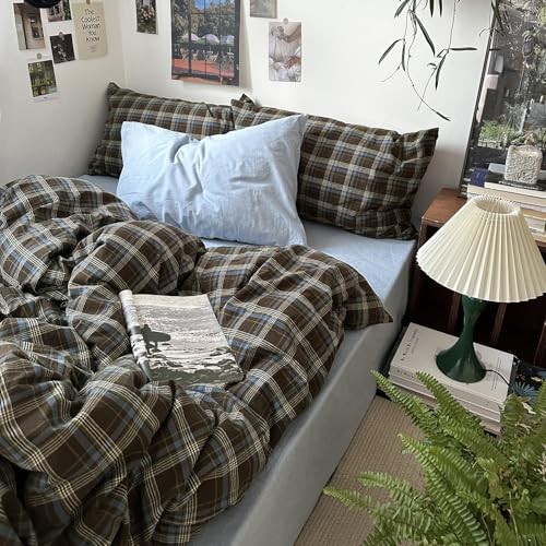 mixinni Vintage Buffalo Plaid Duvet Cover Set Queen Size - 3 Piece Washed Cotton