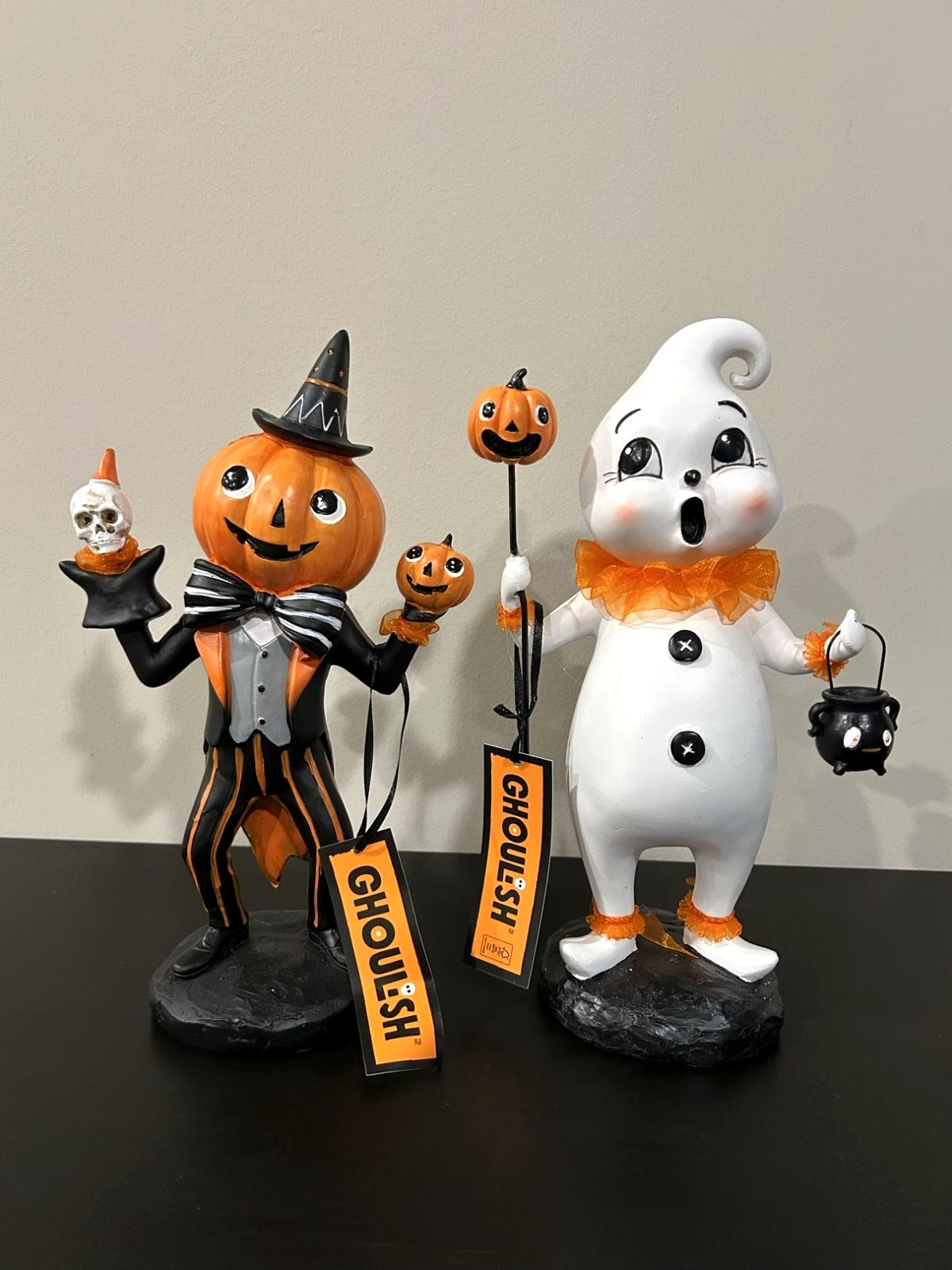 SET (2) Ghoulish Vintage Inspired 13” Halloween Pumpkin and Ghost Boy Statue NWT