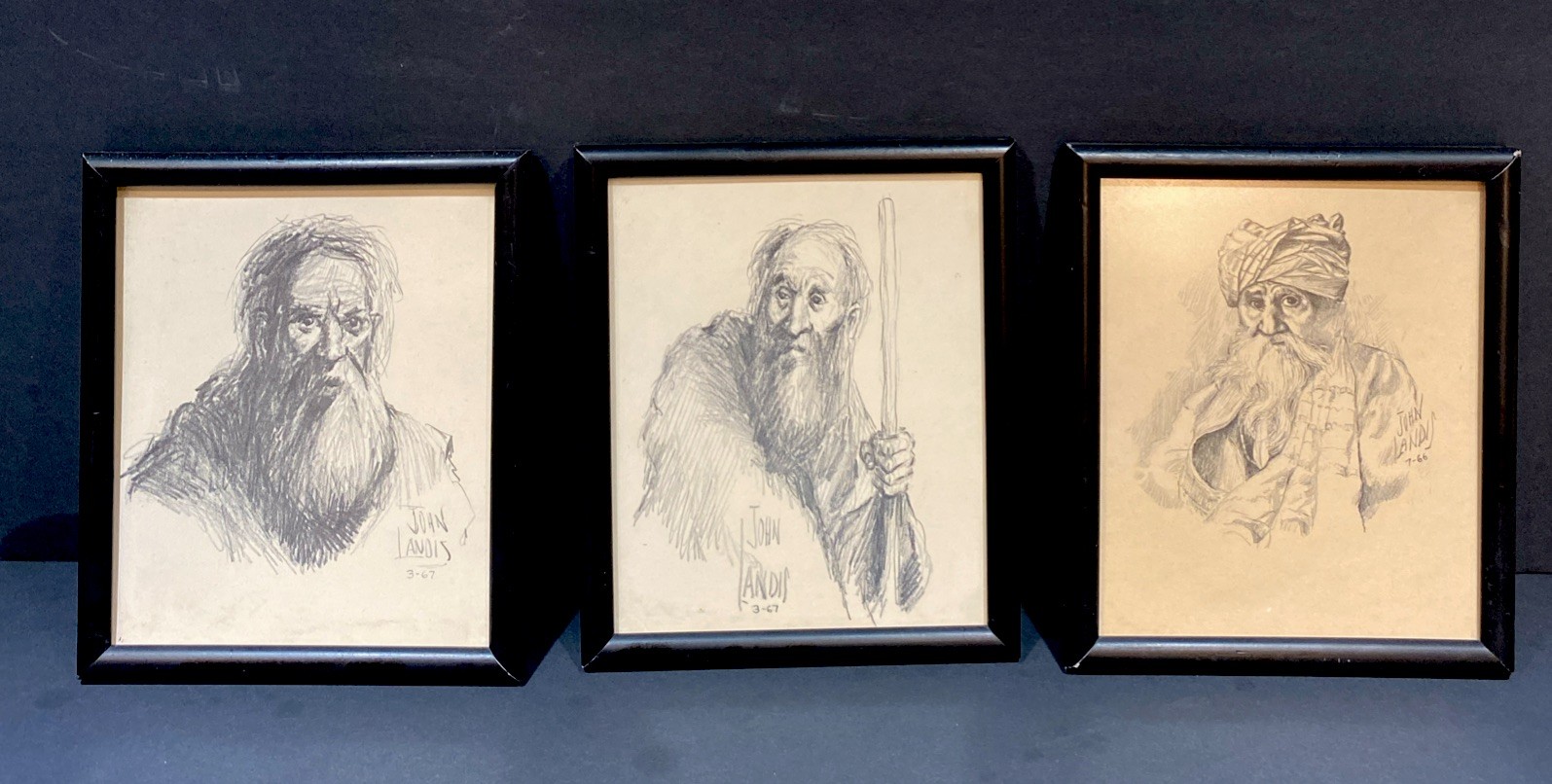3 VTG John Landis Signed Pencil Portrait Drawings 1966-67 Framed 6.5x5.5”