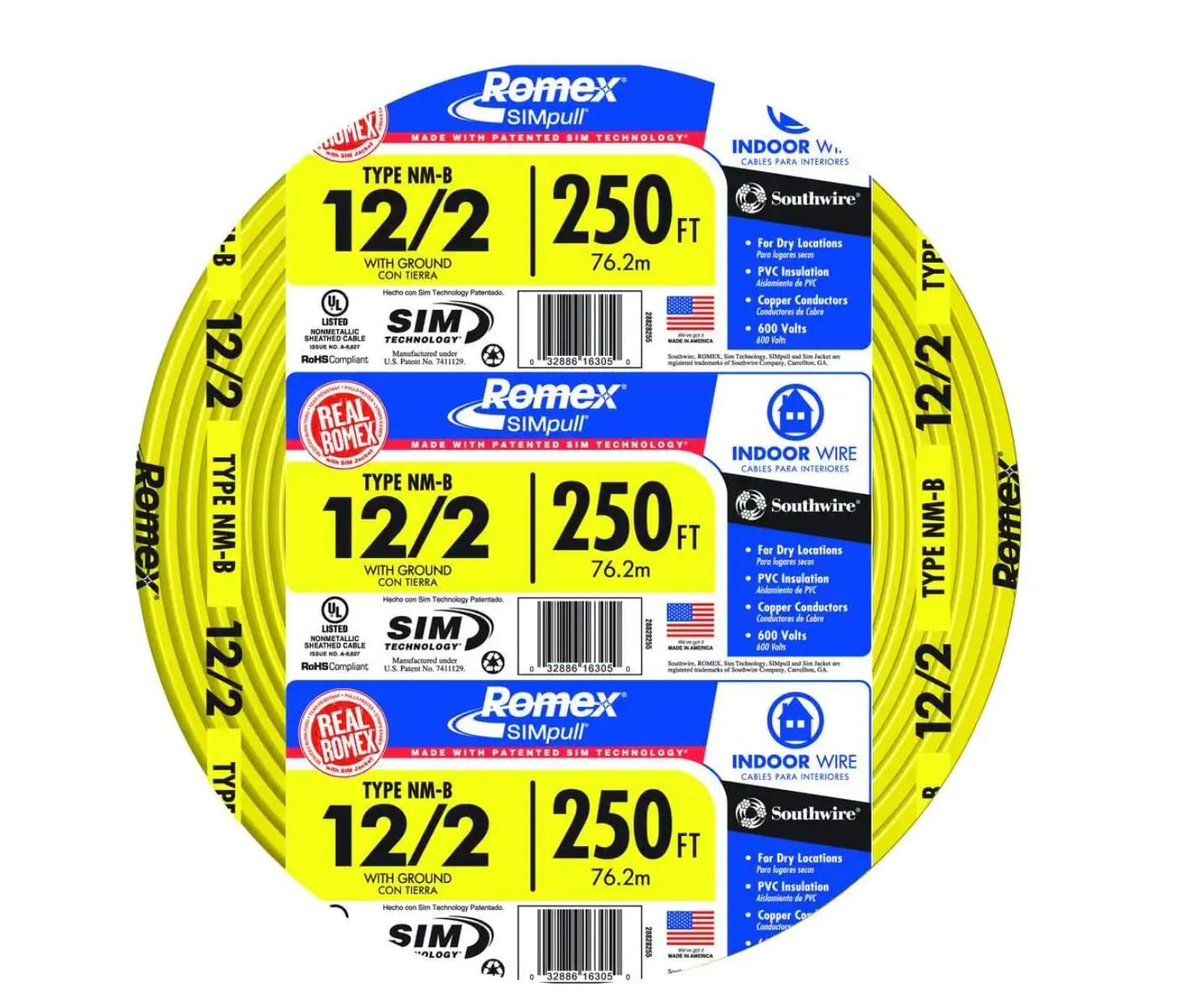 28828255 250' 12-2 NM-B Wire, 12 AWG, Yellow 28828255 250' 12-2 NM-B Wire, 12 AWG, Yellow