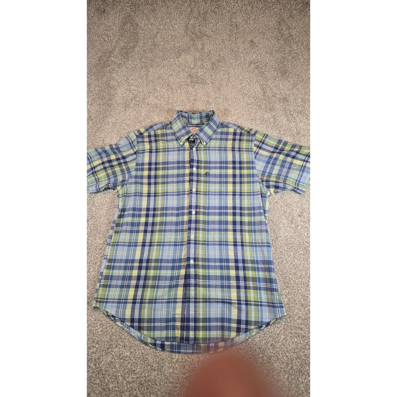 Brooks Brothers 346 Mens Large Blue Green Plaid Short Sleeve Button Down Shirt