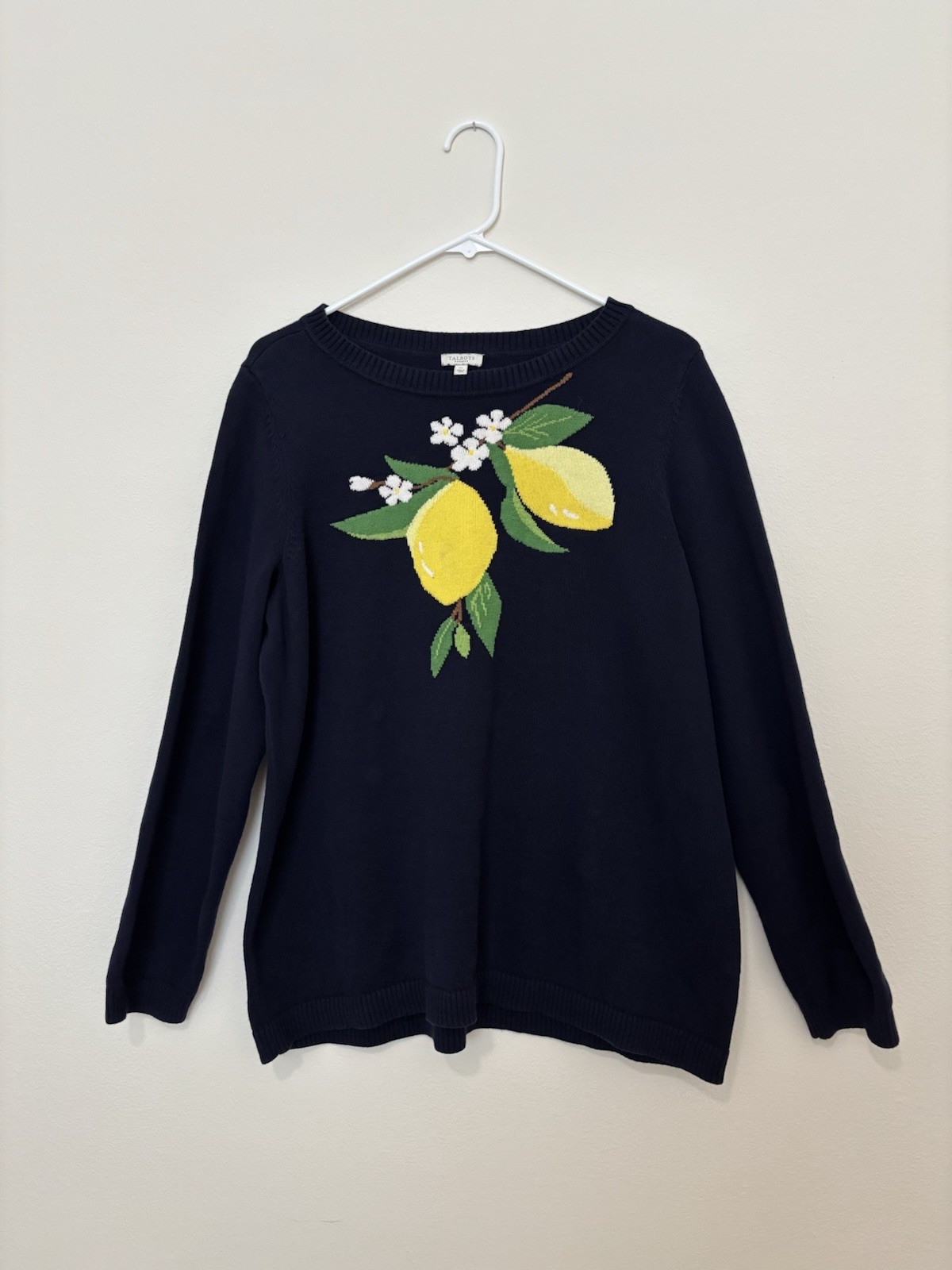 talbots Plus Size 1X Blue Lemon Sweater 100% Cotton Size 16–18 Lt weight Knit
