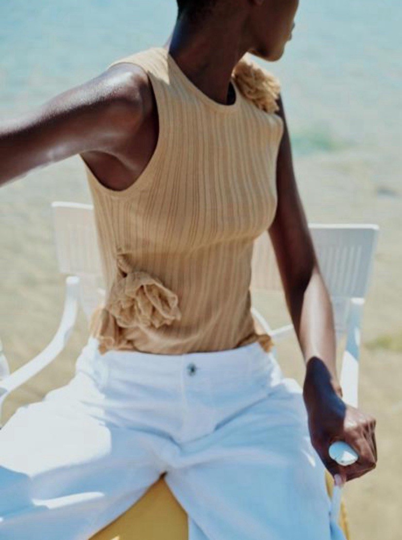 Zara Beige Ribbed Knit Tank Top Sleeveless Ruffle Lace Trim Women’s S