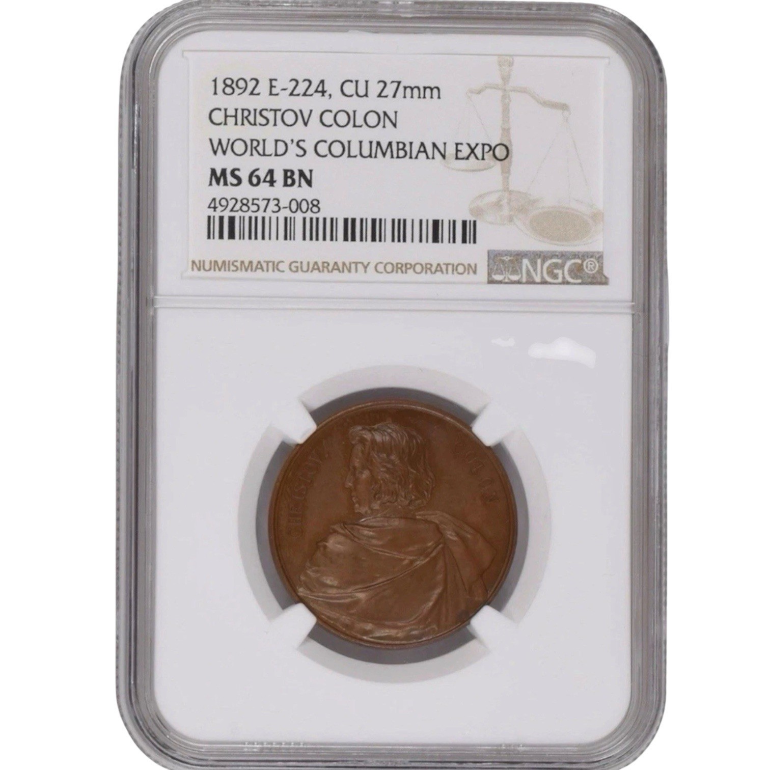 1892-Chicago Columbian Expo, Christov Colon Medal. Eglit-224. NGC - MS 64 BN 1892-Chicago Columbian Expo, Christov Colon Medal. Eglit-224. NGC - MS 64 BN