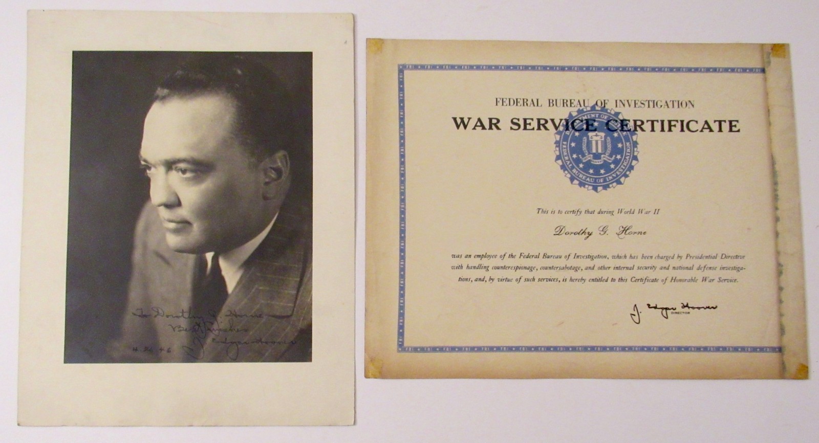 J. Edgar Hoover 1946 SIGNED Photo to Female FBI employee +FBI Certificate to her