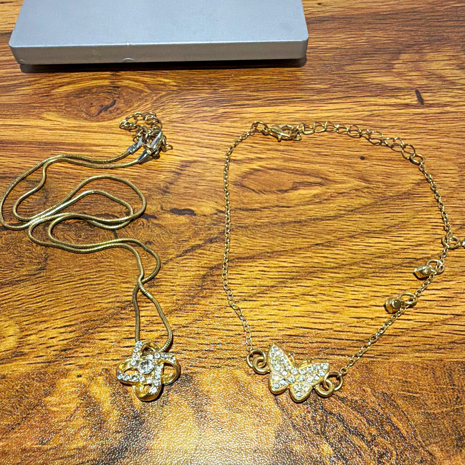 Gold Tone Crystal Butterfly Charm Pendant Snake Chain Necklaces Lot of 2