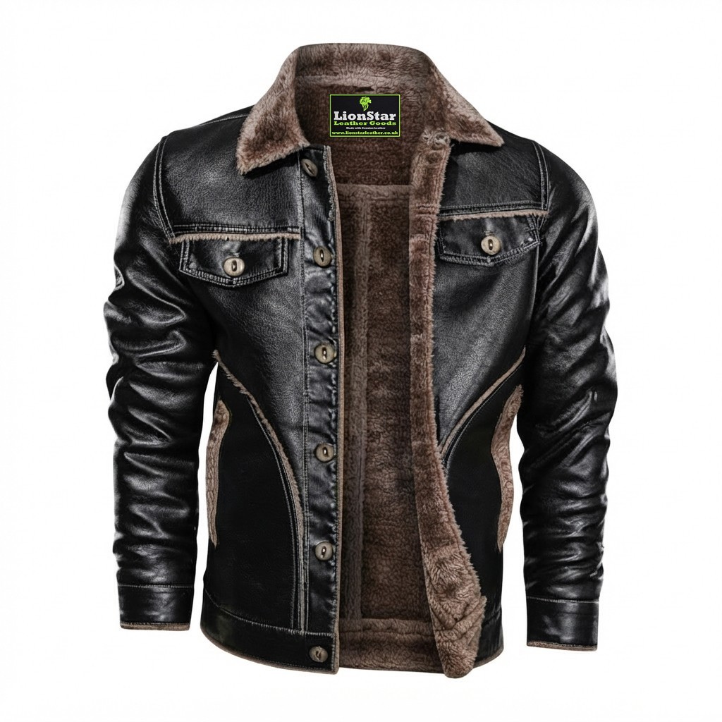 Men\'s Genuine Cowhide Leather Jacket Fur Lined Winter Brown Black