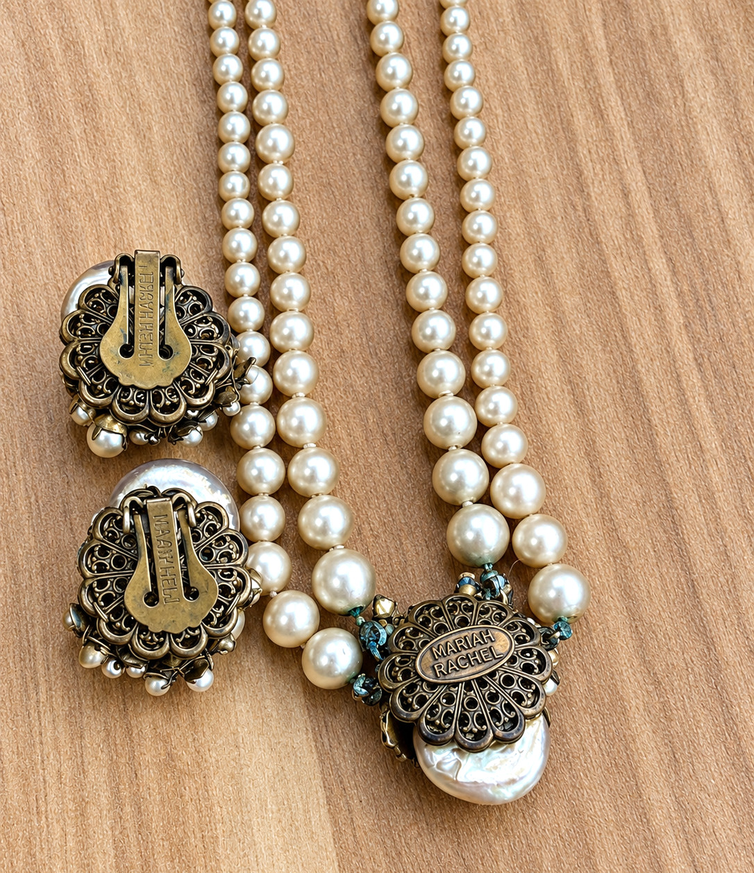 Miriam Haskell Vintage Baroque Double Strand Faux Pearl Necklace & Earrings Set Miriam Haskell Vintage Baroque Double Strand Faux Pearl Necklace & Earrings Set