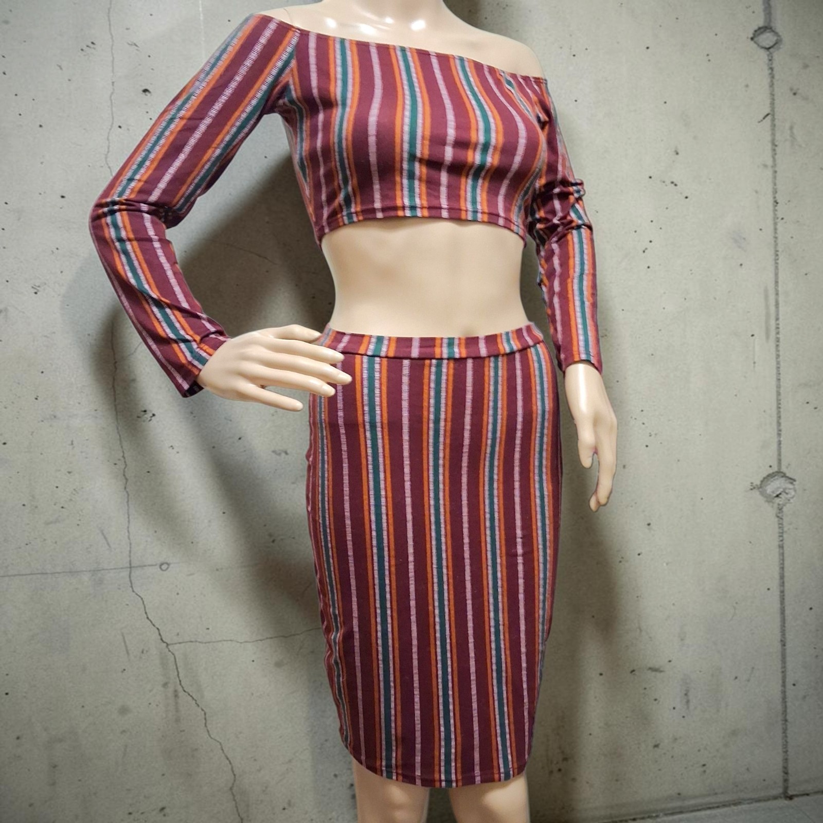 Vintage 90s Y2K Does 70s Striped 2-Piece Set Off Shoulder Crop Top Mini Skirt S