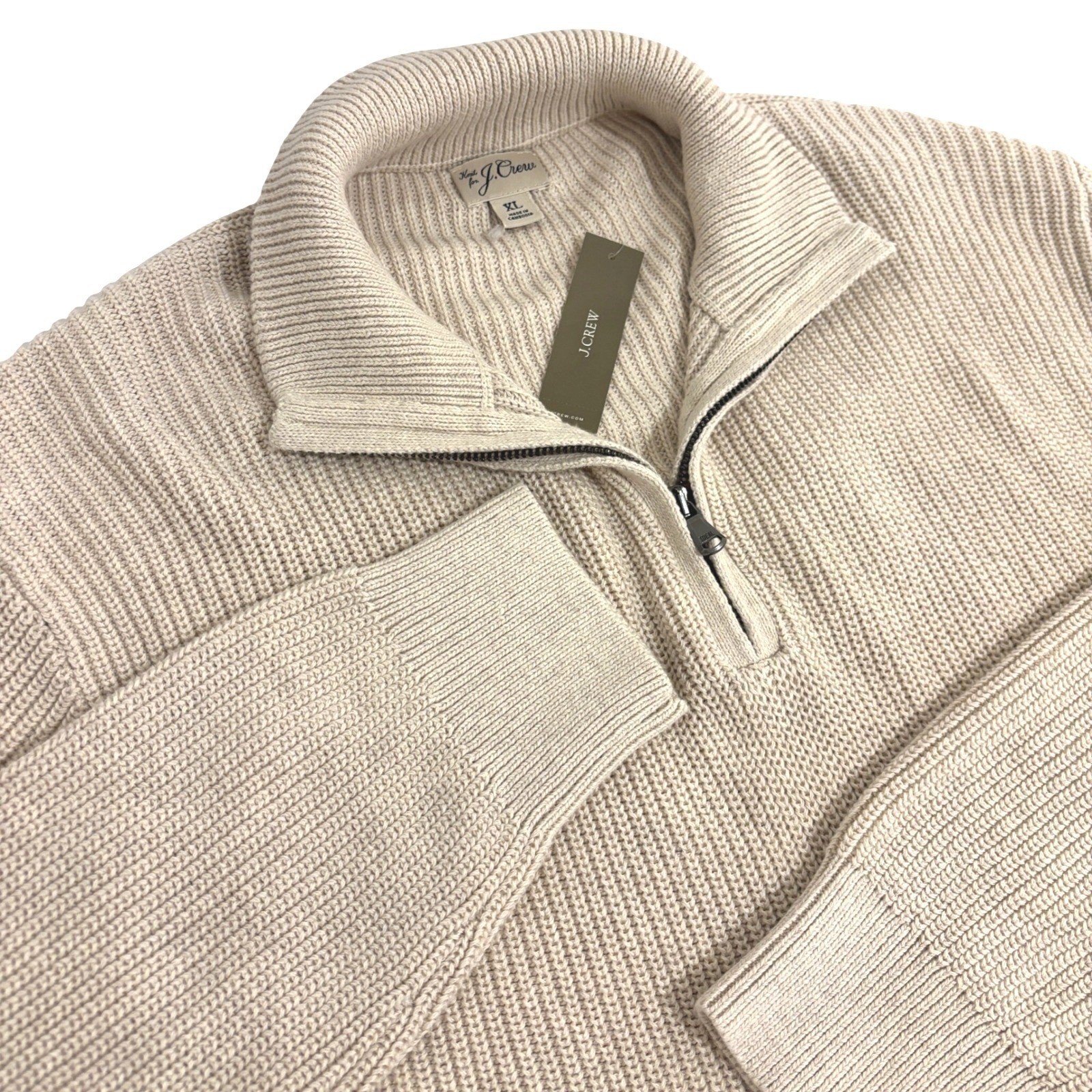 New J.Crew Quarter Zip Pullover Sweater Mens XL Oatmeal Beige Cotton Knit NWT
