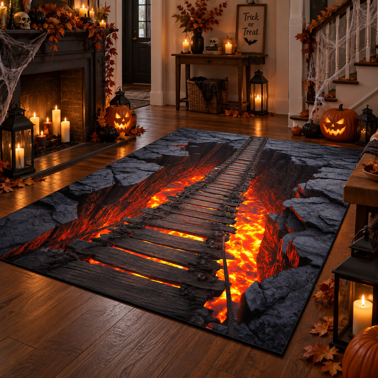 3D Lava Bridge Halloween Rug, Fire Pit Optical Illusion Spooky Floor Mat Decor