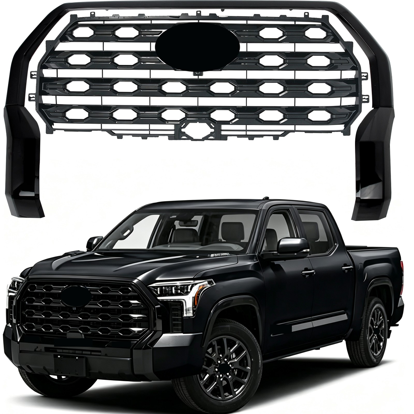 Fits 2022-2025 2026 Toyota Tundra Front Upper Grille w/Trim Gloss Black Platinum
